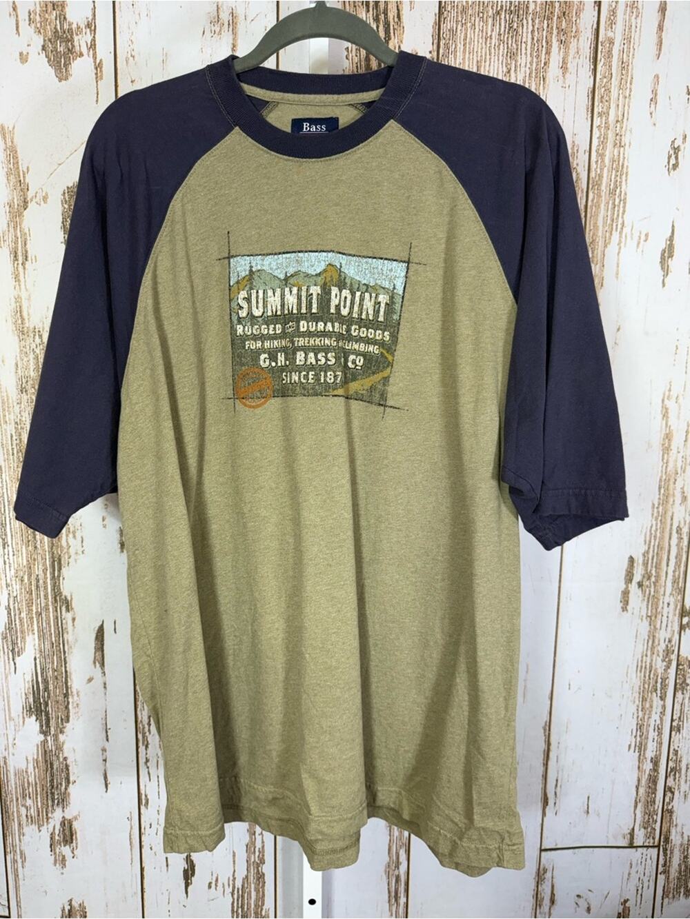 Bass Raglan Short Sleeve Tee - Olive Body with Navy Sleeves. Size Large.